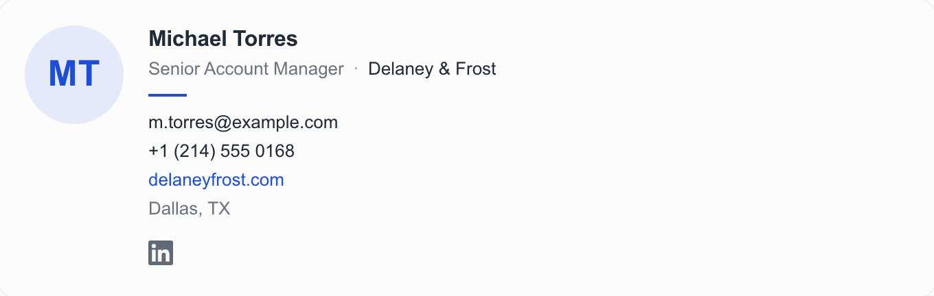Classic business email signature example with a monogram on the left and name, title, company and contact details stacked on the right.