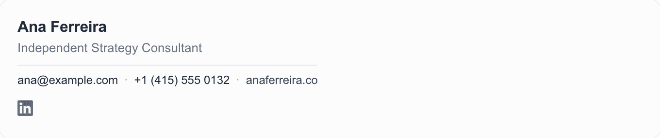 Minimal email signature example: name, job title and company, one phone number and a website, in four plain lines with no image.