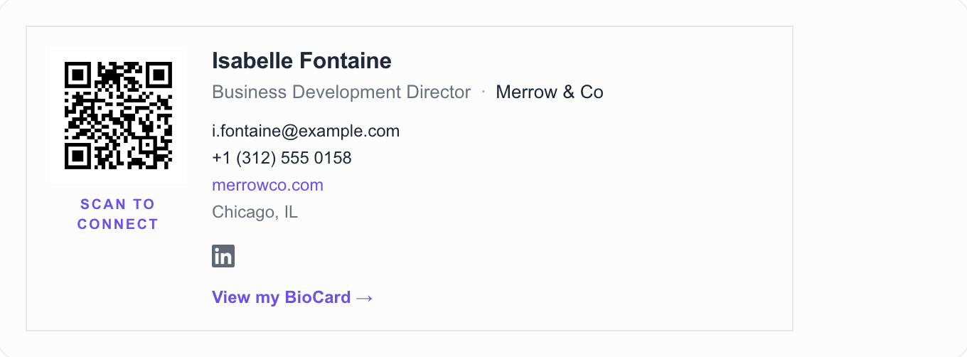 Modern email signature example with a QR code that saves the sender's contact details to a phone.
