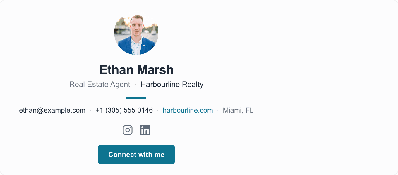 Real estate agent email signature example with a headshot, brokerage name, licence line and two social links.