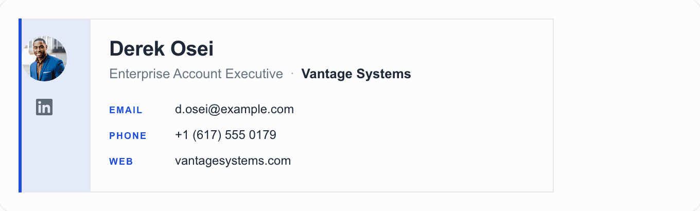 Sales email signature example with a booking link as the call to action instead of a phone number.