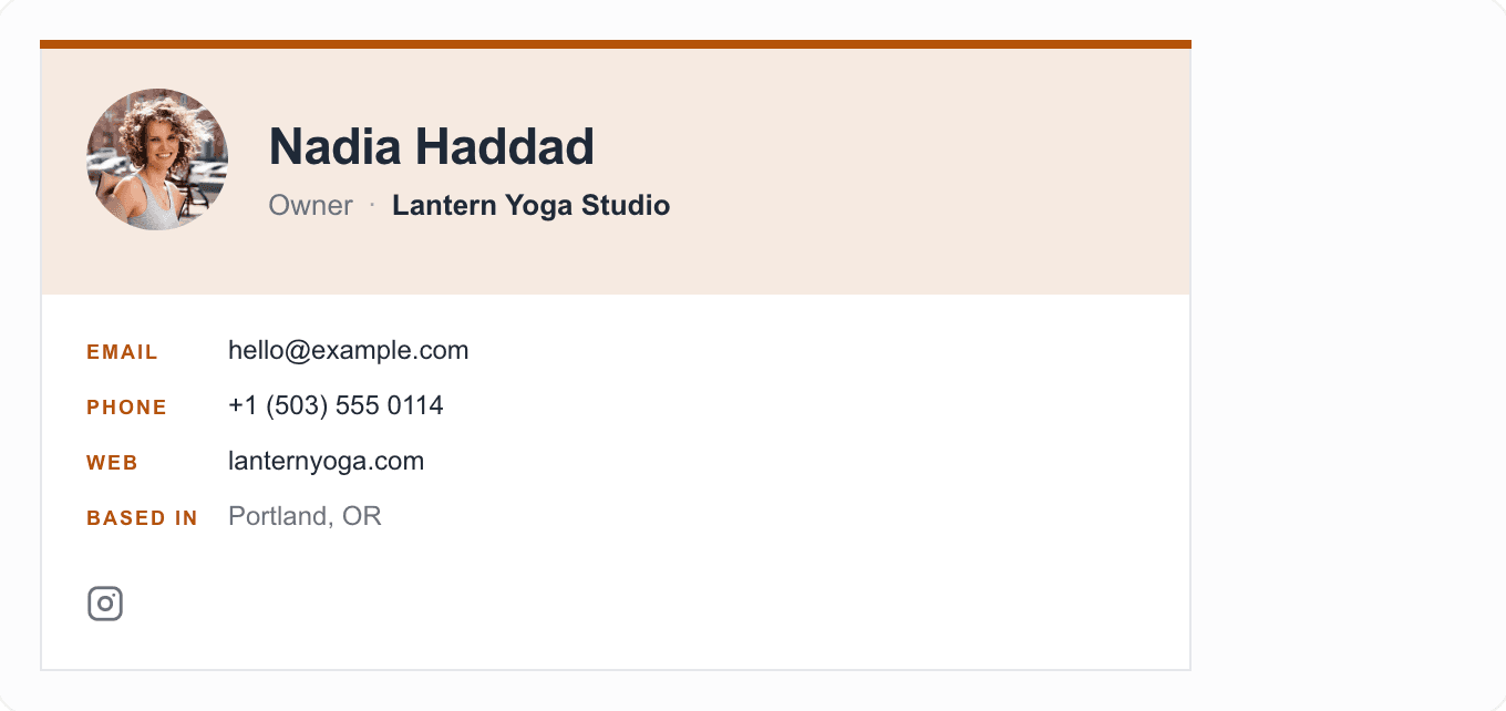 Small business email signature example with an owner photo, business name, email, phone, website, location and an Instagram icon.