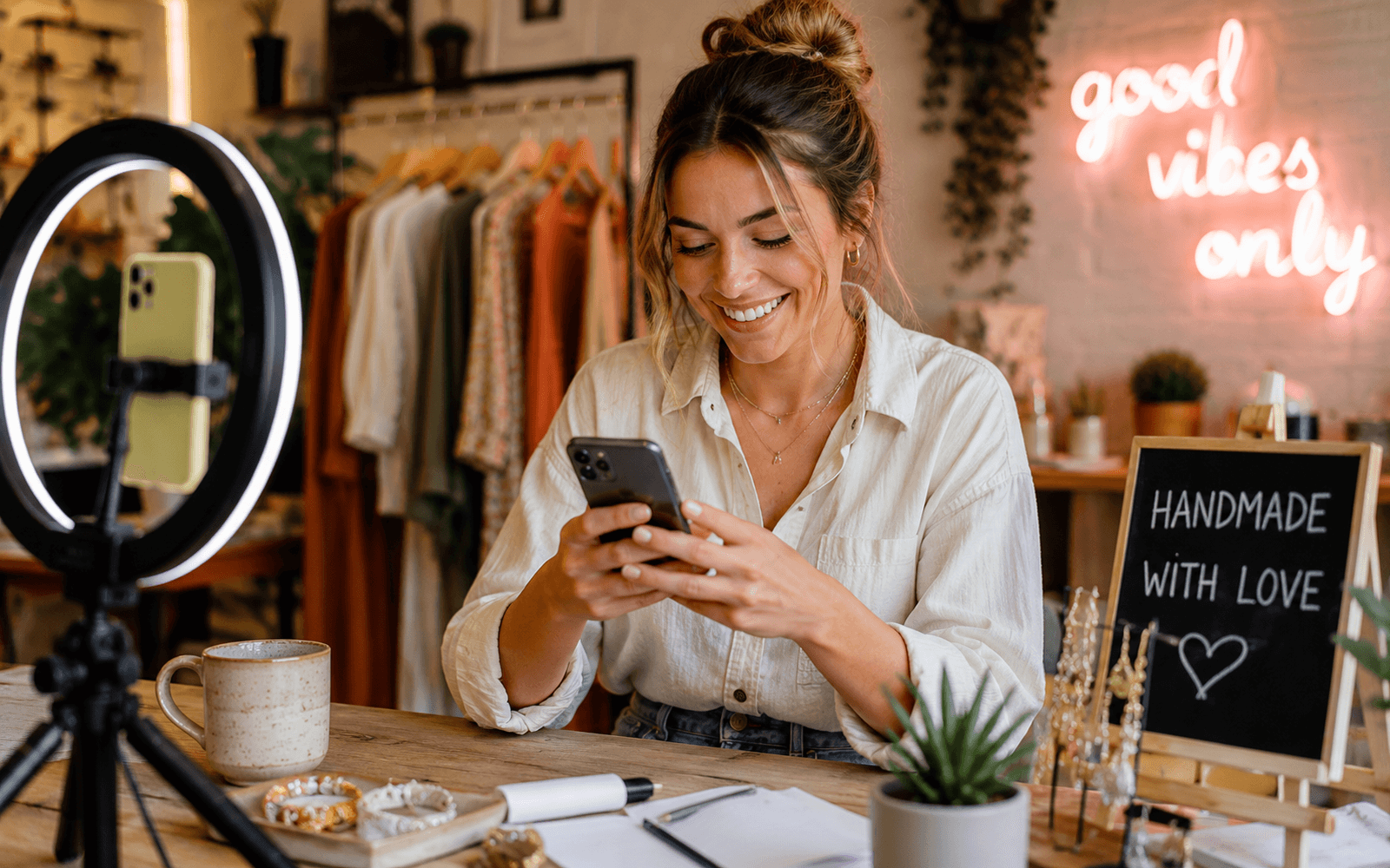 A small business owner at her studio counter, smiling at her phone beside a ring light and handmade jewellery.