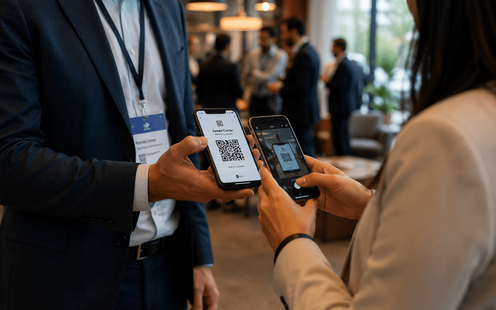 Two people at a networking event, one showing a phone with a QR code to be scanned by the other.