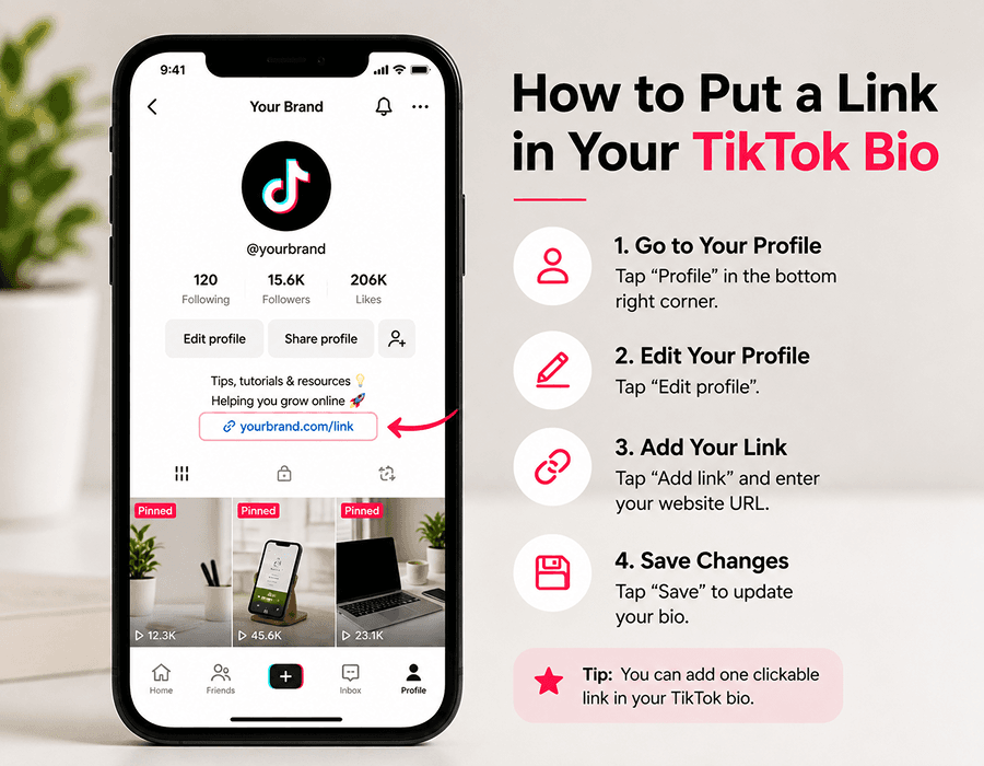 A TikTok profile on a phone with the bio link highlighted, beside the four steps to add one: go to your profile, tap Edit profile, add your link, then save.