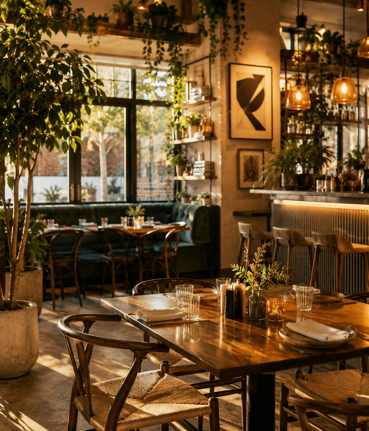 A warm, plant-filled restaurant interior in late afternoon light, tables set and ready for service.