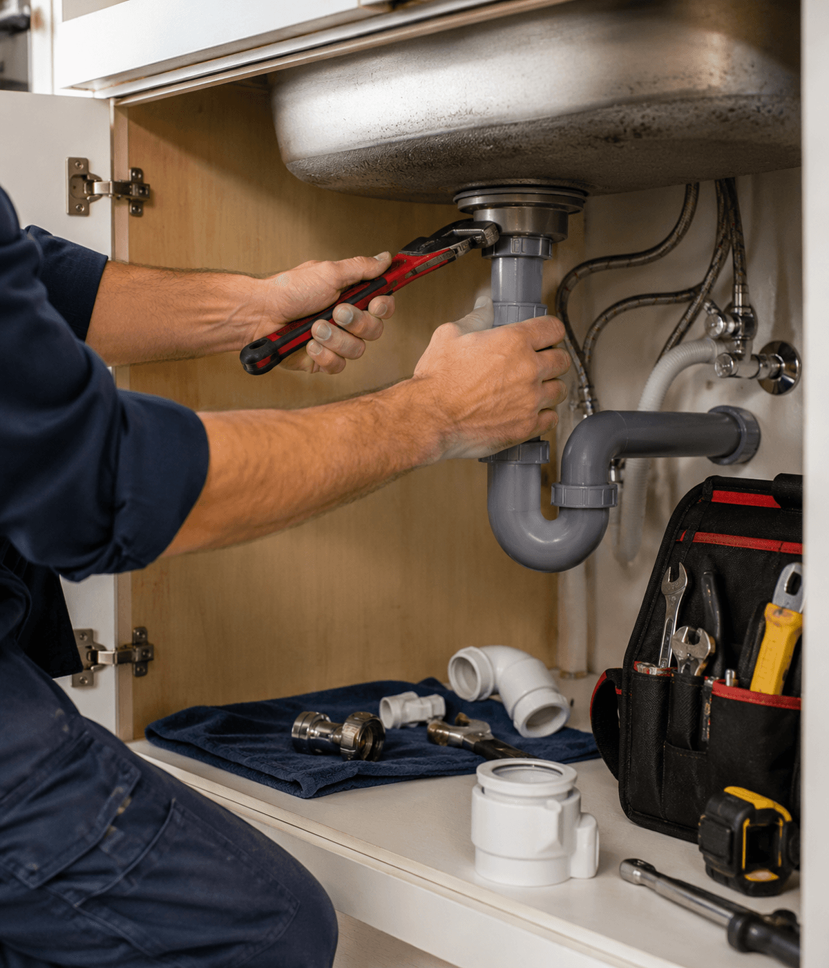 A plumber tightening a pipe under a kitchen sink, tools laid out on the cupboard floor.