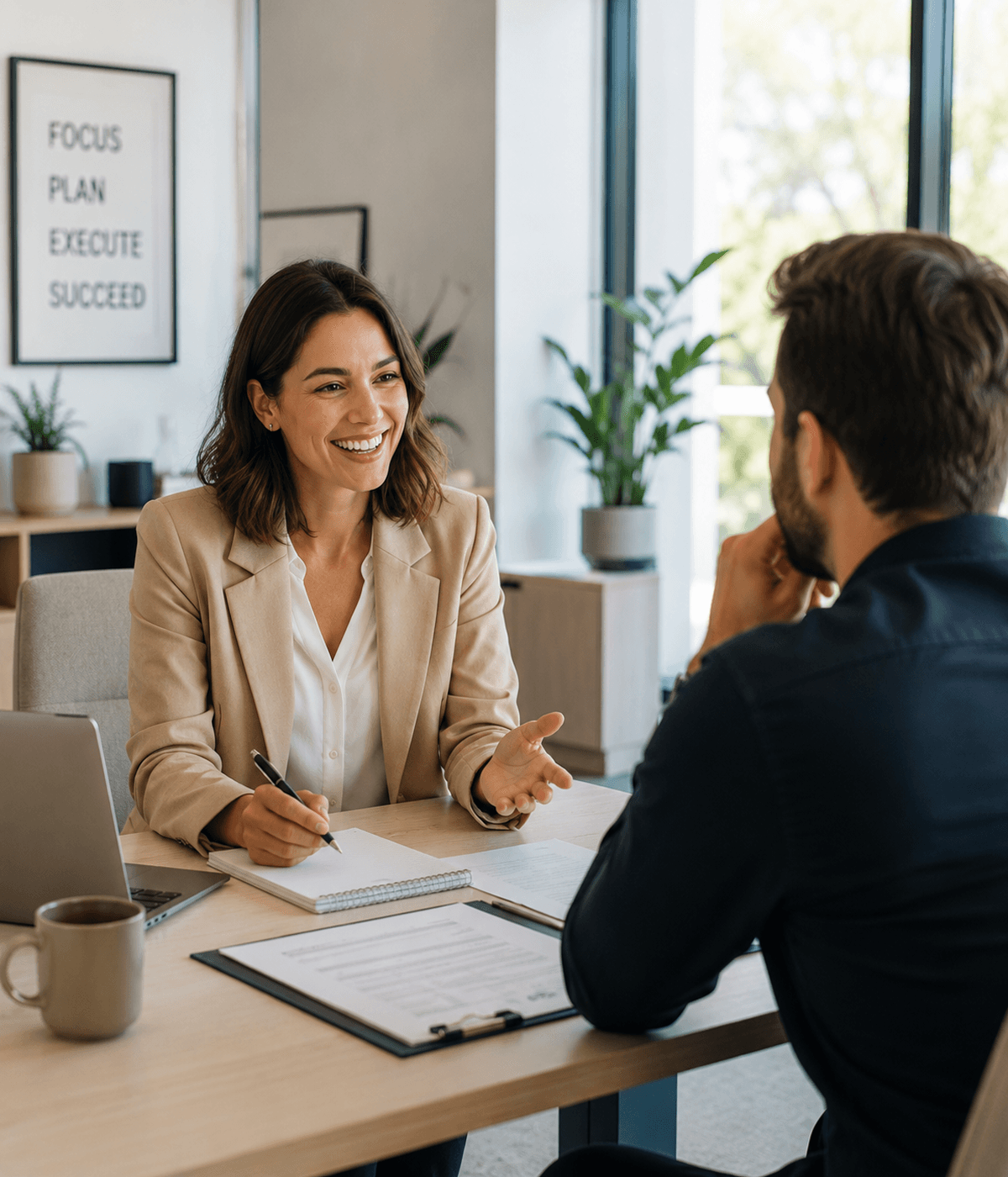 An adviser talking with a client across a desk in a bright modern office.