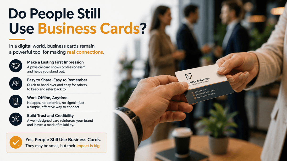 One person handing a printed business card to another at a networking event, alongside four reasons paper still works: first impressions, ease of sharing, working offline, and building trust.